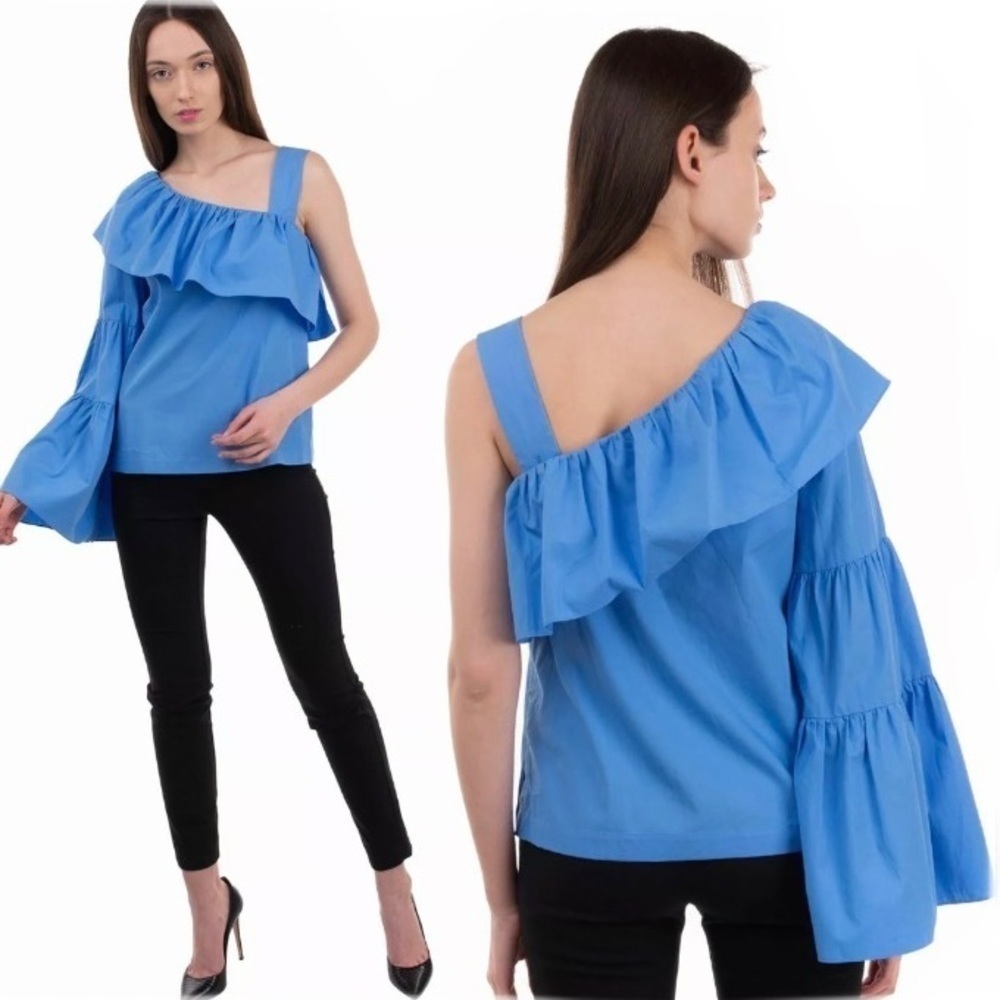 GOEN.J Blue One Shoulder Ruffle Top Asymmetrical Long Sleeve Blouse Size M